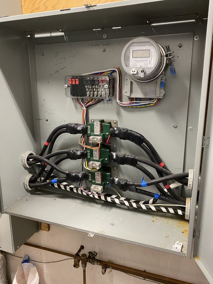 Meter base wired with heavy service cables
