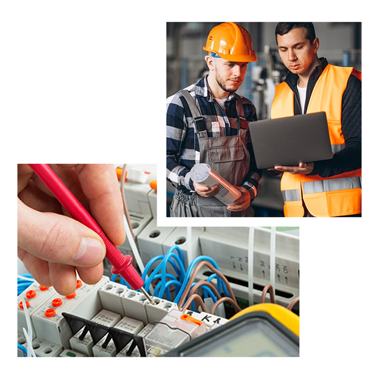 Bison Electric electricians reviewing plans on a laptop, and a technician testing a panel with a multimeter